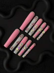 10 pièces Ongles de robe avec strass rose et blanc, 1 pièce Lime à ongles et 1 pièce Colle à ongles. Faux ongles Y2K Spice Girls Super oblongs entièrement recouverts, idéal pour la conception d'ongles DIY, convient aux femmes et aux filles pour les fêtes et les manucures quotidiennes. Fournitures pour ongles