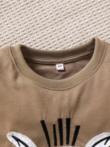 年轻男孩夏季短袖针织贴布刺绣卡通撞色休闲两件套服装 - 咖啡棕 - 查看 3
