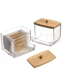 1pc Acrylic Qtip Holder With Bamboo Lid, Clear Small Swab Dispenser, Plastic Ear Stick Swabs Holder, Toothpick Storage Container, Bathroom Countertop Decorative Storage Organizer