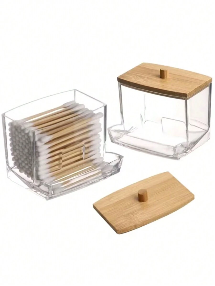 1pc Acrylic Qtip Holder With Bamboo Lid, Clear Small Swab Dispenser, Plastic Ear Stick Swabs Holder, Toothpick Storage Container, Bathroom Countertop Decorative Storage Organizer