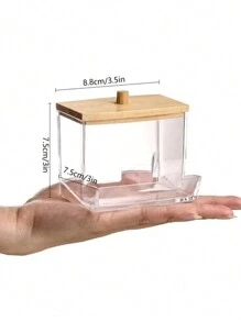 1pc Acrylic Qtip Holder With Bamboo Lid, Clear Small Swab Dispenser, Plastic Ear Stick Swabs Holder, Toothpick Storage Container, Bathroom Countertop Decorative Storage Organizer