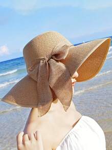 Women's Beach Hat, Khaki Wavy Pattern Beach Sun Hat With Woven Shoulder Bag, Perfect For Spring And Summer Beach Vacations And Outdoor Activities, Essential For Beach Holidays, Travel, Shopping And Vacations. - Khaki - View 8