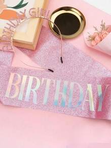 1件粉色女孩生日绶带，闪亮生日绶带和皇冠，生日快乐装饰配件，水钻生日女孩头饰 - 粉色 - 查看 4