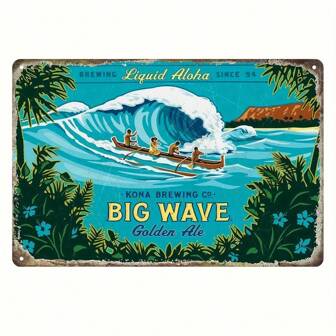 1st Retro plåtskylt metall Kona Brewing Co. Big Wave Golden Ale metallskylt - 8x12 tum Vintage järnväggkonst, lämplig för hem, bar, cafédekor - UV-beständig, blekningsbeständig Hawaii flytande aloha-dekoration