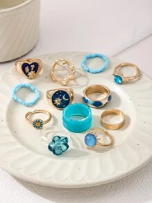 12pcs/Set Cute Dopamine Themed Minimalist Geometric Line Rings, Versatile For Commute And Vacation
