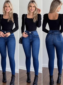 Calça Jeans Feminina Skinny Azul Com Elastano Efeito Levanta Bumbum  Cintura Alta - Azul - Visão 4