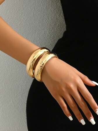 1對（2入組）金色鏡面和蛇紋路金屬手鐲，重疊視覺效果，合金材質，適用於情侶約會、朋友聚會、日常穿搭的時尚配件