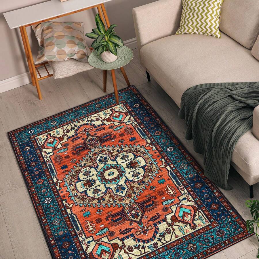 Alfombra bohemia salón dormitorio alfombras de pelo corto lavable suave antideslizante diseño vintage - Multicolor - Ver 1