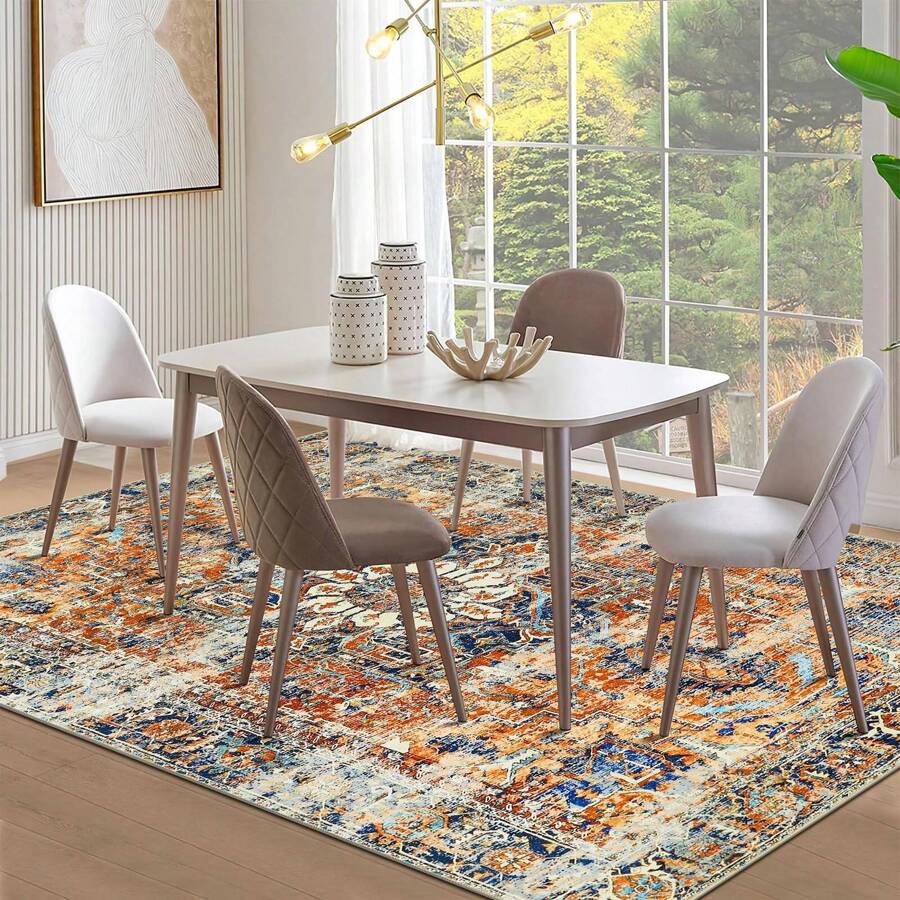 Alfombra bohemia salón dormitorio alfombras de pelo corto lavable suave antideslizante diseño vintage - Naranja - Ver 1