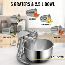 Rotary Cheese Grater, Zinc Alloy Rotary Vegetable Mandoline, Manual Cheese Mandoline W/ 5 Stainless Steel Cutting Cones, Manual Vegetable Grater W/ 2.5L Bowl, Rotary Shredder W/Suction Base - Silver - View 3