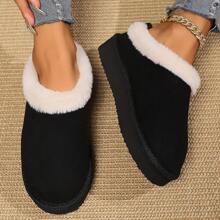 女士毛絨暖內裡拖鞋，舒適的冬季雪地鞋，閉趾滑動室內外拖鞋 - 黑色 - 查看 4