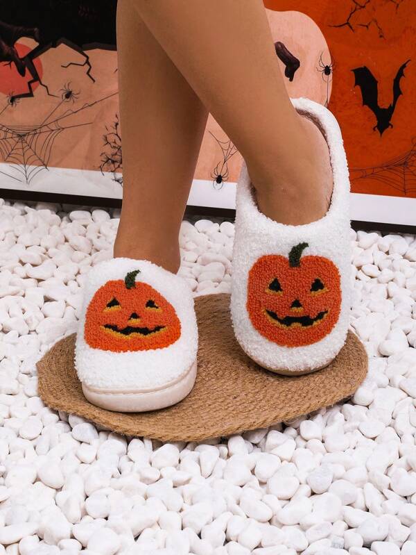Halloween Plush Slippers For Elderly With Pumpkin Design, Round Toe, Couples Home Indoor Warm Slippers, Winter, Women's Cute Style