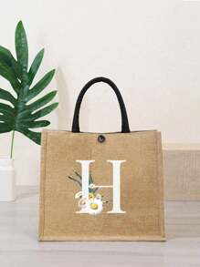 Letter Flower Pattern Natural Elements Teacher Appreciation Gift Women Linen High-Capacity Tote Bag Graduation Gifts Letter Print Fashionable Teacher Tote Bag School Gift Beach Vacation - Khaki - View 22
