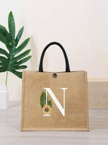 Letter Flower Pattern Natural Elements Teacher Appreciation Gift Women Linen High-Capacity Tote Bag Graduation Gifts Letter Print Fashionable Teacher Tote Bag School Gift Beach Vacation - Khaki - View 12