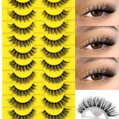10 Paar flauschige Kunstwimpern, transparentes Band, natürlich & weich, kreuzweise feine Katzenaugen-Wimpern, voller Streifen Kunstmink-Wimpern