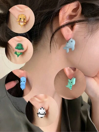 2入組可愛的3D卡通動物造型恐龍、鯊魚和狗金屬耳環，適用於女性日常配飾