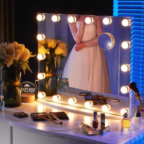 Vanity Mirror With Makeup Lights, Large Light Up Mirrors W/ 18 LED Bulbs For Bedroom Tabletop & Wall Mounted (26Wx21l, White), Room Decor Mirror