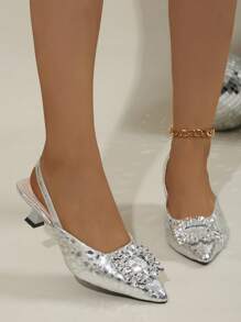 Outdoor Fashionable Personalized Kitten Heel Rhinestone Pointed Toe Silver Breathable Slide Sandals Shoes - Silver - View 6