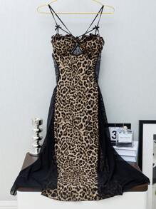 Sexy Lingerie Lace & Mesh & Leopard Print Velvet Material With Bowknot & Ruffle Trim Bra Cups, Double Slit, Low Back, And Halter Neck Long Dress. - Camel - View 7