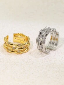 Charm-In 18K 镀金铜 3 层竹结戒指，镶嵌锆石，适合女士、婚礼/生日/圣诞节礼物 - 金黃色 - 查看 4