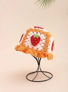 1pc Women's Adorable Casual Y2K Style Fashionable Contrast Color Hand-Crocheted Strawberry Applique Decor Bucket Hat For Outdoor, Traveling, Daily Wear