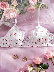 Women Fruit Print Lace Patchwork Fashionable Bra - White - View 1