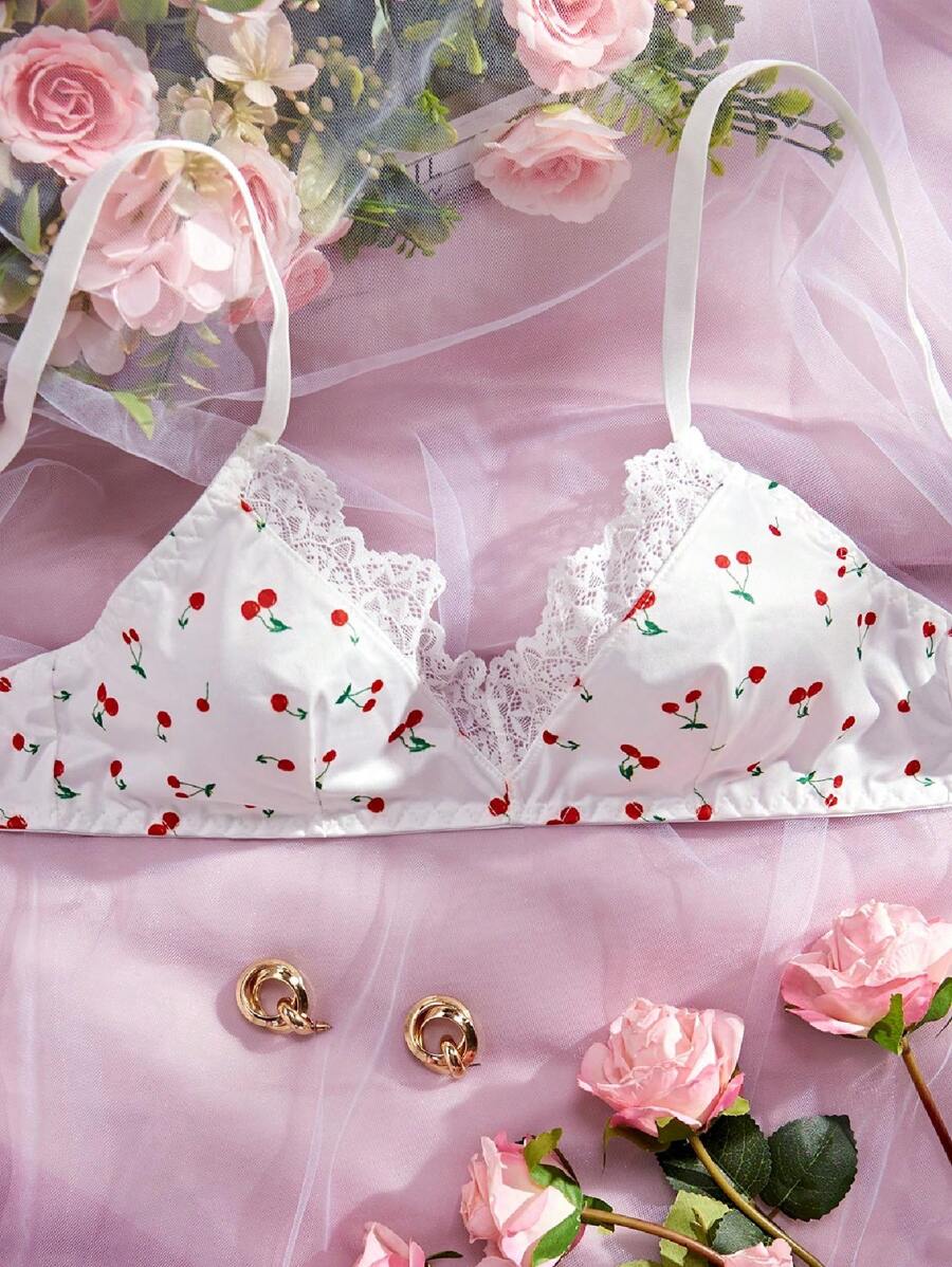 Women Fruit Print Lace Patchwork Fashionable Bra - White - View 1