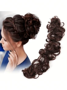 女性專用亂糟糟的蓬鬆頭髮套，合成纖維髮片，帶有扭曲馬尾和波浪蓬鬆髮髻 - 深棕色 - 查看 2