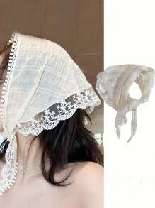 French Countryside Style Lace Wrap Headscarf Fashion Triangle Headscarf Women's Hair Tie Headband Seaside Accessories Retro Elegant Scarf Ribbon French Lace Triangle Headscarf Flower Hair Accessories Tiaras - Multicolor - View 5