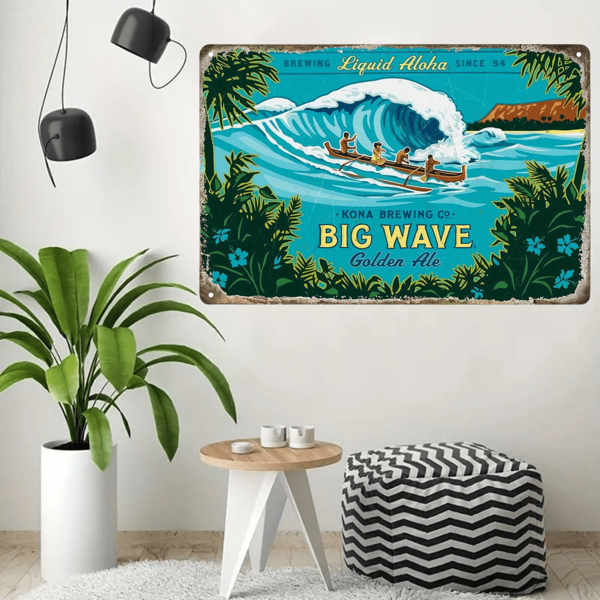 1pc Retro Tin Sign Metal Kona Brewing Co. Big Wave Golden Ale Metal Sign - 8x12 Inches Vintage Iron Wall Art, Suitable For Home, Bar, Cafe Decor - UV Resistant, Fading Resistant Hawaii Liquid Aloha Decoration