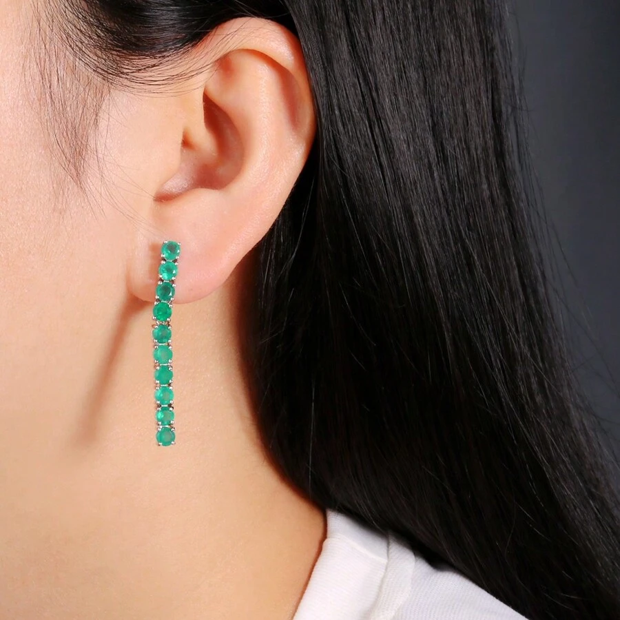 Cercei lungi din argint cu agat verde natural rotunzi 4mm 8ct pietre pretioase bijuterii fine pentru femei