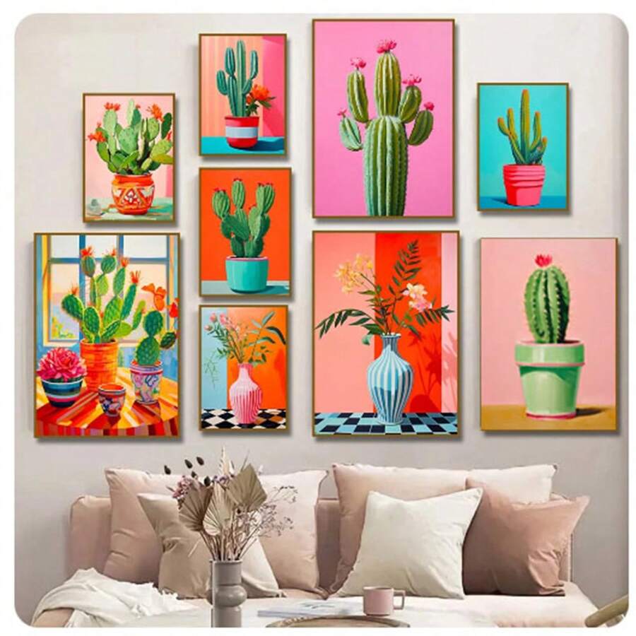 1pc  Abstract Colorful Cactus Flower Vase Still Life Canvas Painting, Modern Poster Print, Wall Art Botanical Living Room Home Decor  No Frame - Green - View 1