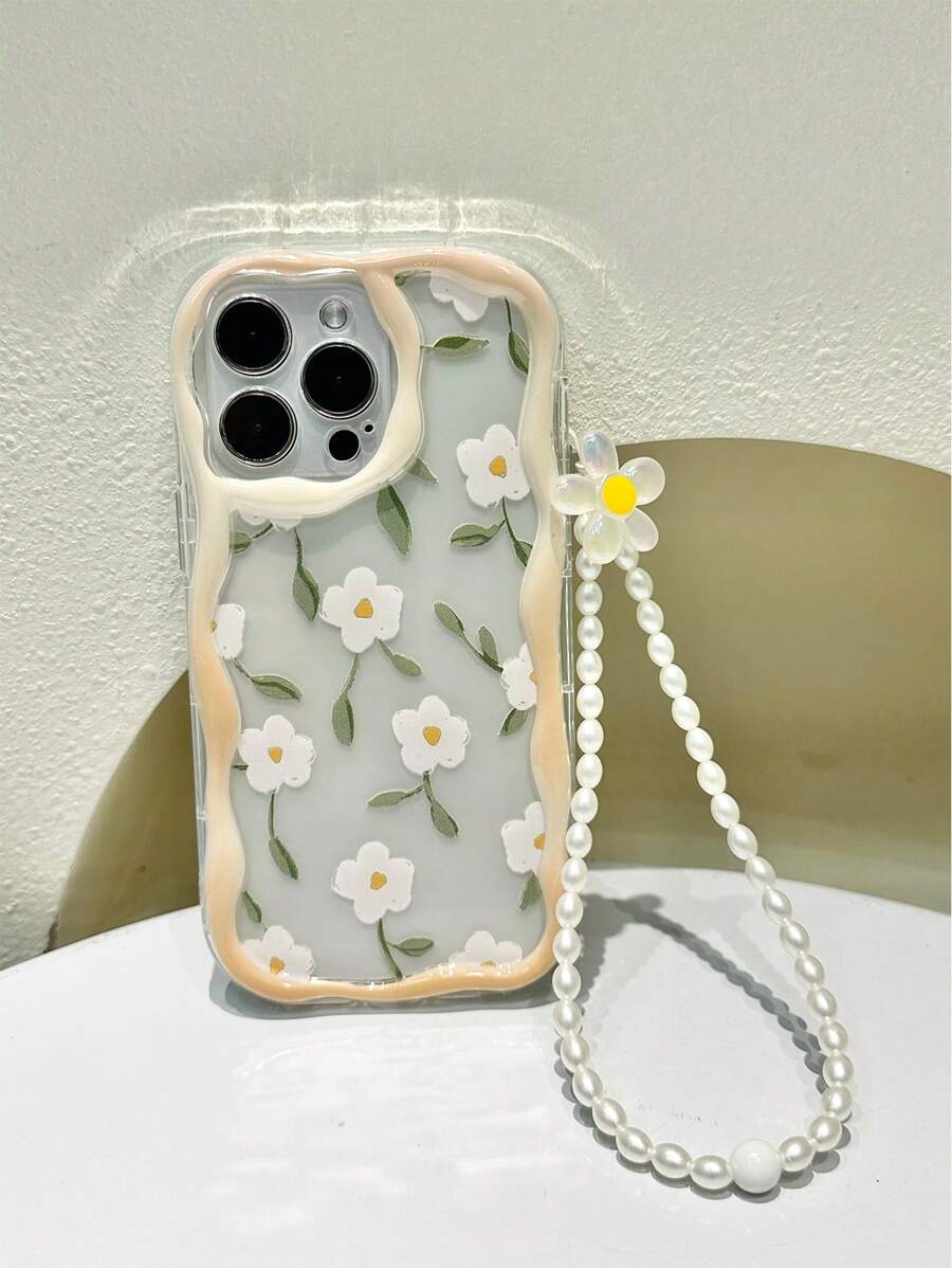 奶油色波浪边亮面花卉印花防震手机壳带挂绳，全新设计兼容 XR/7/8、 15 Pro Max、 13、 14、 11，柔软 TPU 防摔保护套兼容 Galaxy S24、Galaxy S24+、Galaxy S24 Ultra、Galaxy S22、Galaxy A14 4G、Galaxy A52、A52s 5G、Redmi Note 11、11 Lite - 多色 - 查看 1