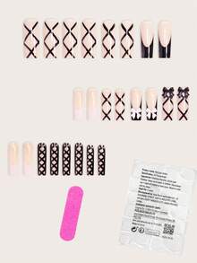 24 piezas de uñas postizas elegantes con lazo de dos colores, estilo bailarina francesa, de cobertura completa brillante y removible, adecuadas para mujeres y niñas, incluye 1 pieza de gel de gelatina y 1 lima de uñas, color aleatorio de gel de gelatina - Negro - Ver 2