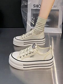 Zapatos deportivos blancos con suela gruesa y diamantes de imitación para mujeres, zapatillas informales de moda estilo coreano con cordones - Blanco - Ver 4