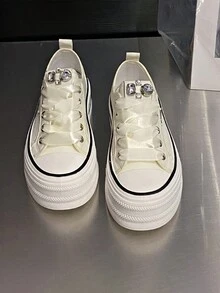 Zapatos deportivos blancos con suela gruesa y diamantes de imitación para mujeres, zapatillas informales de moda estilo coreano con cordones - Blanco - Ver 3