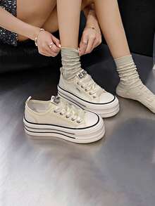 Zapatos deportivos blancos con suela gruesa y diamantes de imitación para mujeres, zapatillas informales de moda estilo coreano con cordones - Blanco - Ver 5