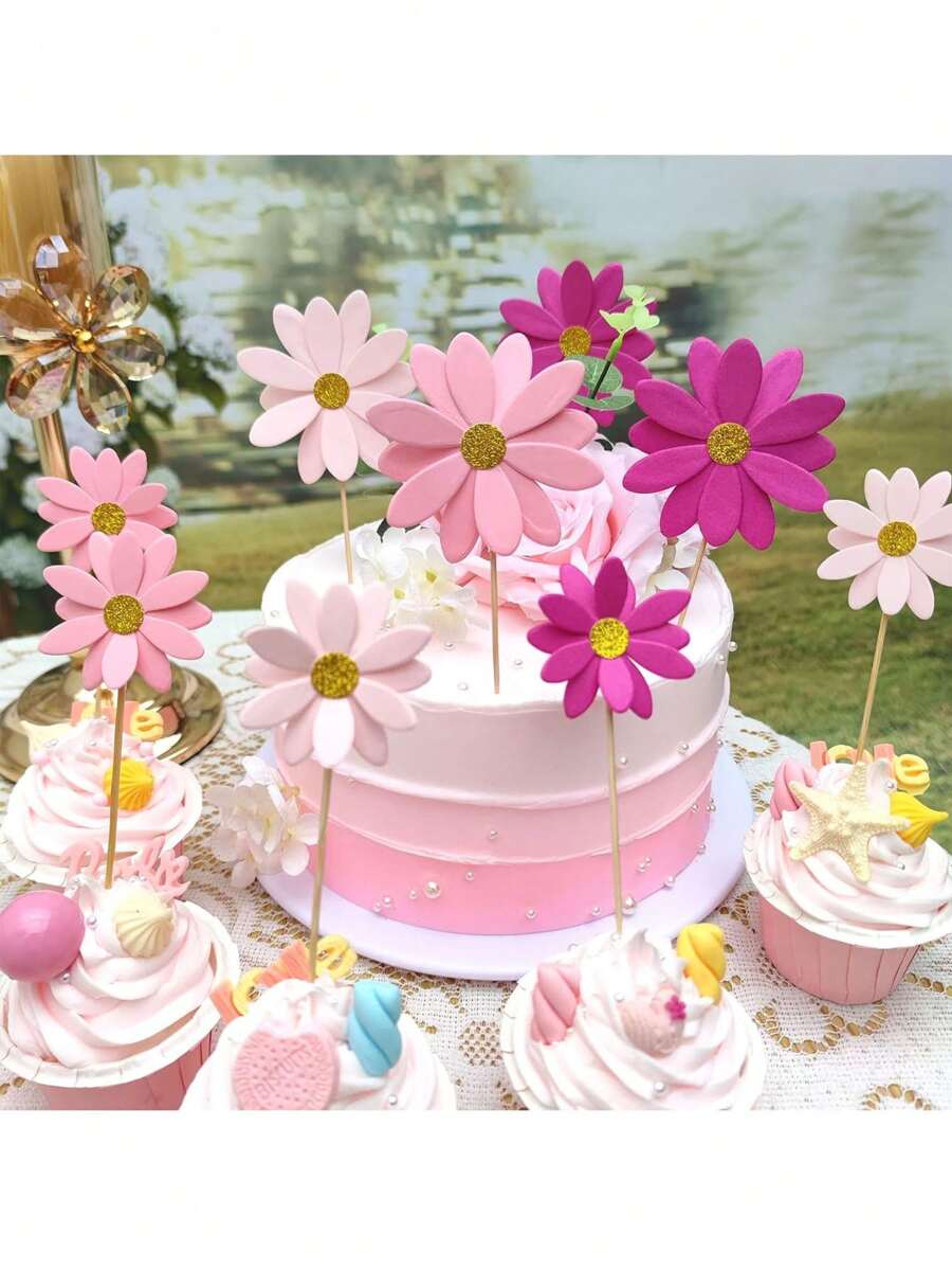 24 PIÈCES Décorations de gâteau en forme de Marguerite rose, fleur Toppers de gâteau, Cure-dents picks pour fête, décoration de baptême, baby shower, anniversaire, Noël