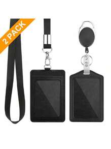 1 Piece, Pu Leather ID Card Holder With Tie Rope, Suitable For Various Work ID Cards, Student ID Cards, Bus Cards, Badges, Etc. - Black - View 10