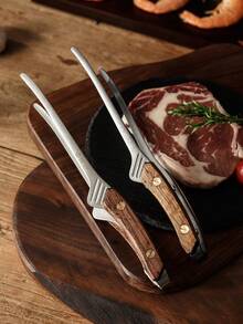 1把304不銹鋼燒烤鉗，帶木質防燙手柄，適用於家庭和戶外燒烤、烤肉、牛排、廚房用品、美食、烹飪、露營、假期、沙灘、室內裝修、整理、派對和旅行 - 不銹鋼色 - 查看 6