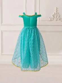 1 Set Young Girls' Off-The-Shoulder Green Princess Jumpsuit, Suitable For Parties - Green - View 3