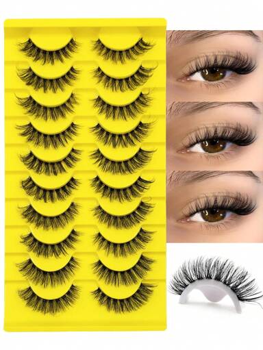 10 Paar flauschige Wimpern mit transparentem Band, natürlich weiche Wimpern mit Kreuz- und Wischeffekt, Katzenaugen-Wimpern, falsche Nerz-Volumen-Wimpernstreifen