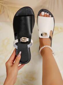 Sandalias casuales con bloques de color y strass para mujer, chanclas de playa - Blanco y Negro - Ver 4
