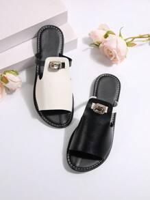 Sandalias casuales con bloques de color y strass para mujer, chanclas de playa - Blanco y Negro - Ver 5