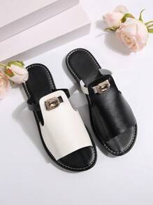 Sandalias casuales con bloques de color y strass para mujer, chanclas de playa - Blanco y Negro - Ver 6