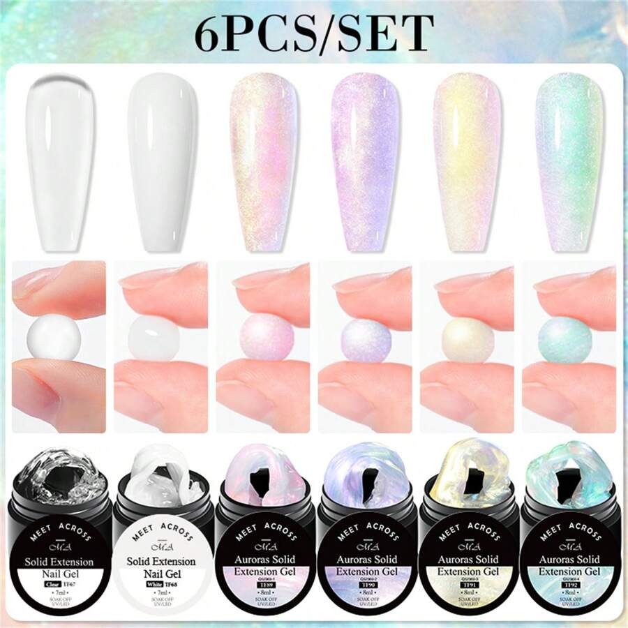 6pcs Aurora Non-Stick Solid Nail Extension Gel Kit - Transparent White Extension Hard Gel Solid Gel Nail Kit, 3D Carved Flower Nail Shaping Gel, Rhinestone Gel, Easy-To-Use Acrylic Nail Extension Set, Nail Art Kit, Home Nail Salon Gift For Women Nails - 彩色 - 查看 1