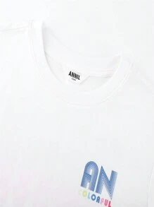 Annil Camiseta deportiva de verano nueva y casual para niños, con cuello redondo, manga corta, tejido de punto congradiente y letras impresas, fresca y versátil - Blanco - Ver 4