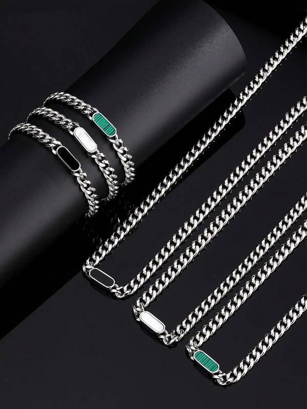 Um Conjunto de 2 Joias de Design de Corrente de Aço Inoxidável Punk Hip-Hop, Colar de Acrílico Oval com Acentos e Pulseira, Adequado para o Uso Diário ou de Festa Masculina, e como Presente para Pai ou Irmão