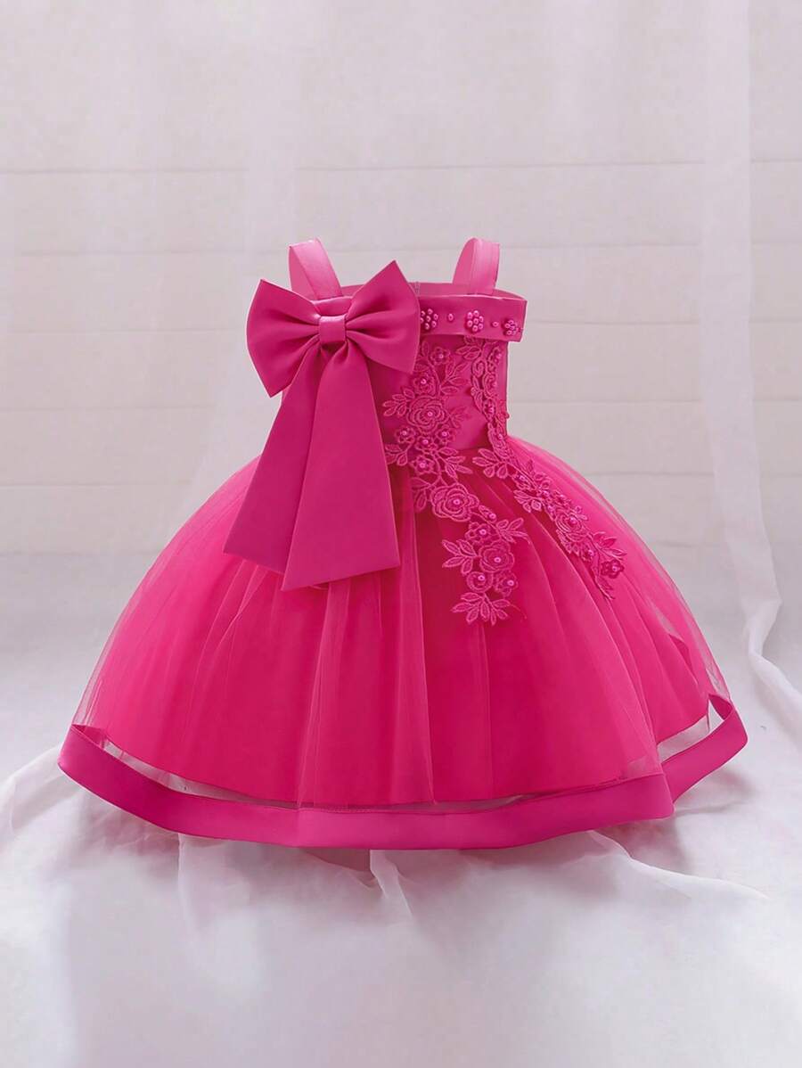 Sleeveless Floral Bow Mesh Elegant Dress For Girls, Suitable For Birthday Party, Excluding Headband - Hot Pink - View 1