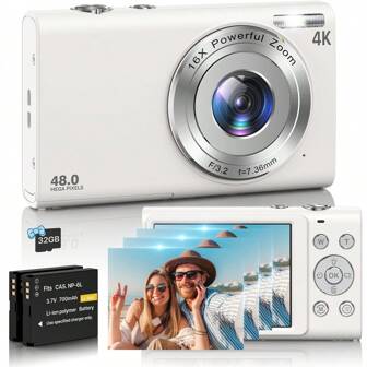 Nicamery Cámara digital, cámara de video Full HD 4K con enfoque automático, cámara digital de punto y disparo de 48 millones de píxeles con zoom de 16x, tarjeta SD de 32 GB, 2 baterías, cámara mini portátil para adolescentes, adultos, principiantes